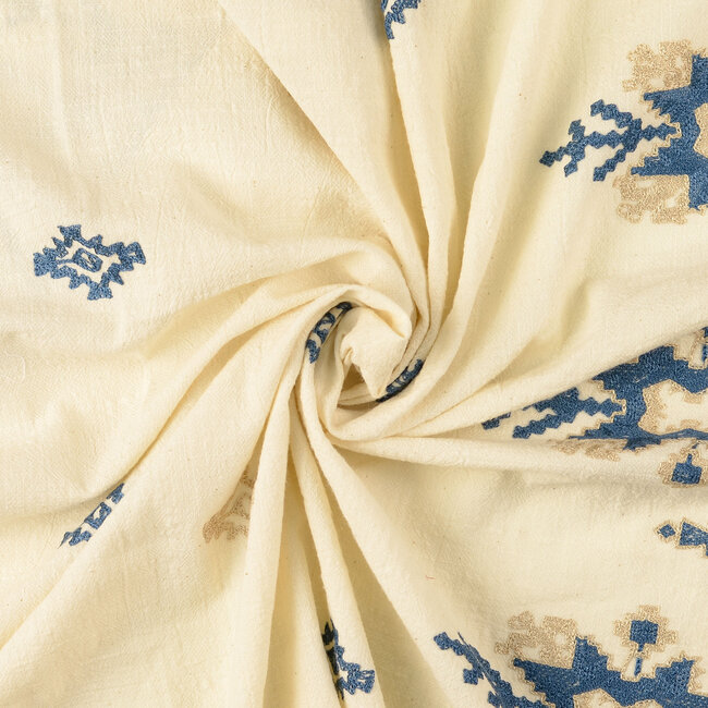 De Stoffenkamer Cotton mix Border broderie naturel blue shapes