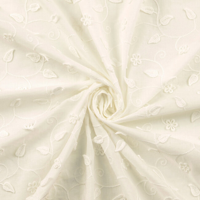 De Stoffenkamer Cotton mix Border broderie off white leafs