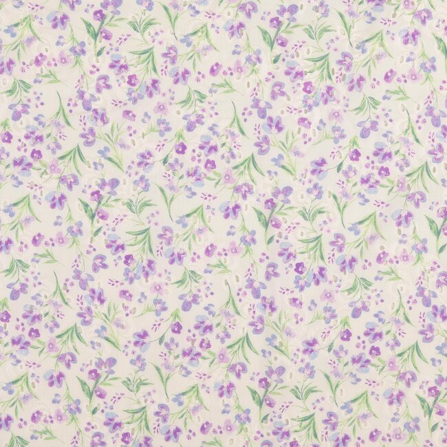 De Stoffenkamer Cotton broderie off white lila flowers
