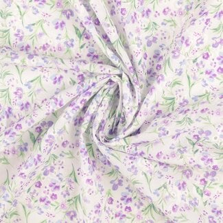 De Stoffenkamer Cotton broderie off white lila flowers