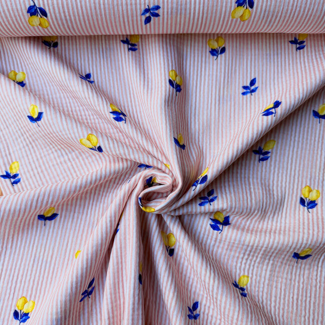 De Stoffenkamer Double gauze tetra - mini stripes pink lemon