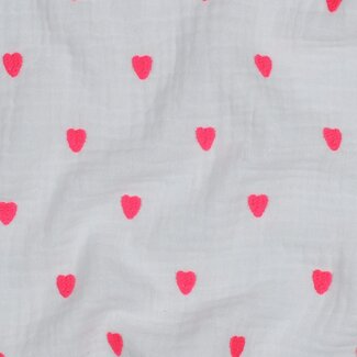 De Stoffenkamer Double gauze tetra - broderie mini hearts neon pink
