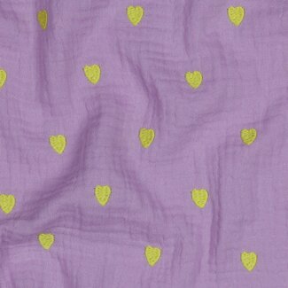 De Stoffenkamer Double gauze tetra - broderie mini hearts neon yellow