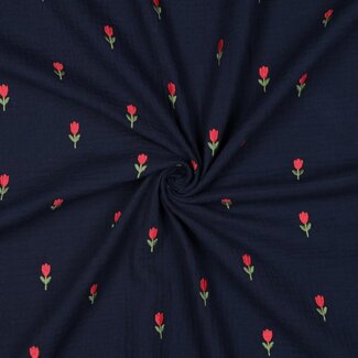 De Stoffenkamer COUPON - 65 cm - Double gauze tetra - broderie navy tullips