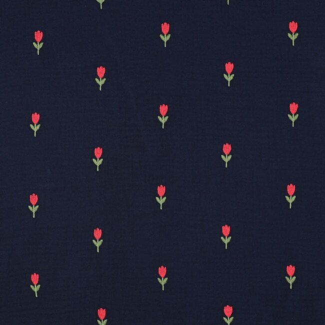 De Stoffenkamer Double gauze tetra - broderie navy tullips