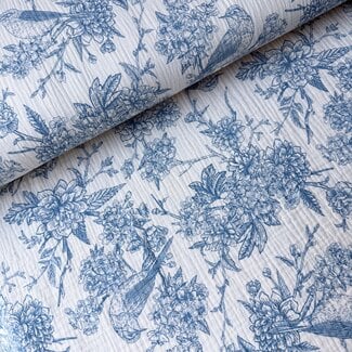 De Stoffenkamer Double gauze tetra - fine drawing blue bird forest