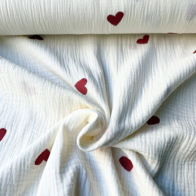 De Stoffenkamer Double gauze tetra - broderie big hearts white