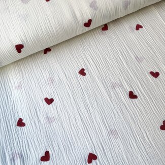 De Stoffenkamer Double gauze tetra - broderie big hearts white