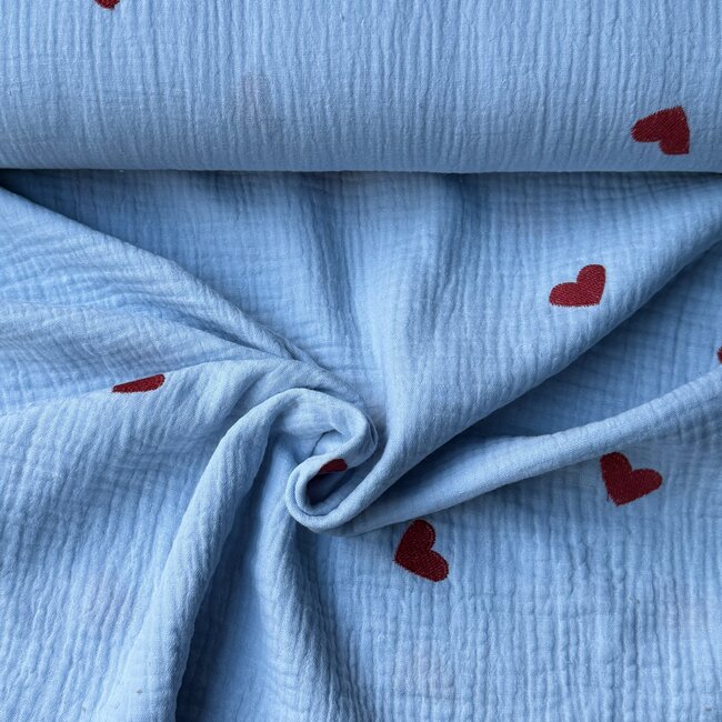 De Stoffenkamer Double gauze tetra - broderie big hearts sky