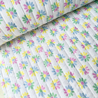 De Stoffenkamer Stepped Cotton Double Gauze tetra - retro flowers white