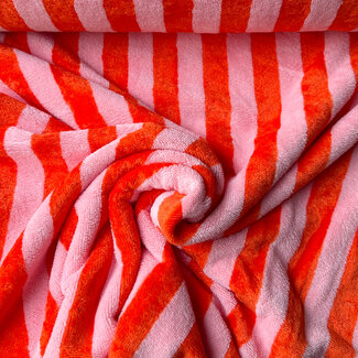 De Stoffenkamer Bamboo badstof stripes - pink / tangerine