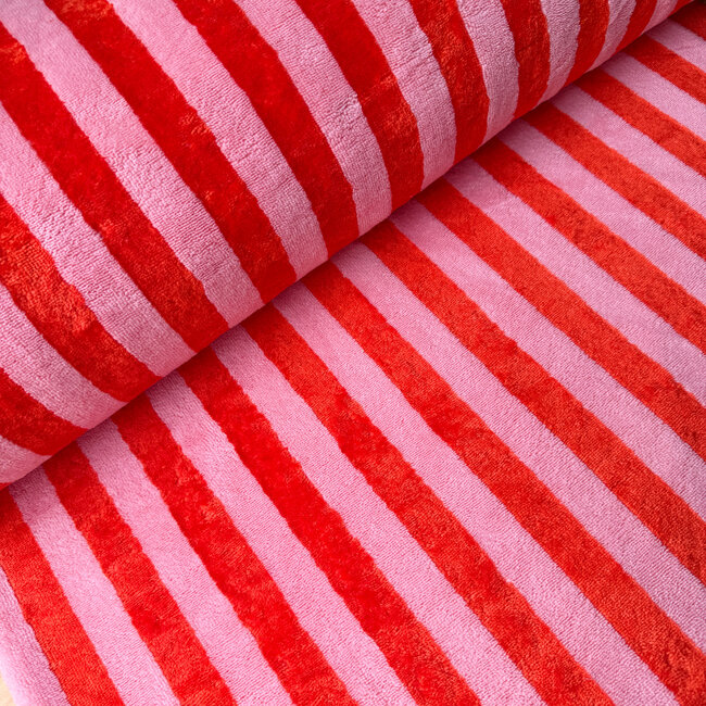 De Stoffenkamer Bamboo badstof stripes - pink / tangerine