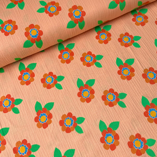 De Stoffenkamer Double Gauze cotton Tetra - retro flowers salmon