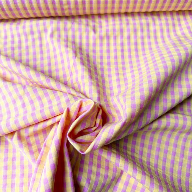 Seersucker Cotton mix - mini checks yellow pink