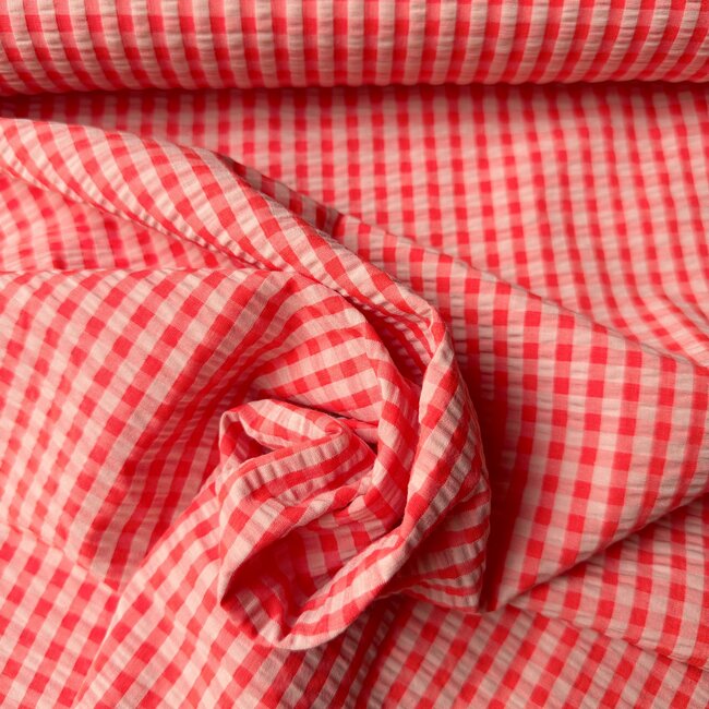 Seersucker Cotton mix - mini checks neon pink