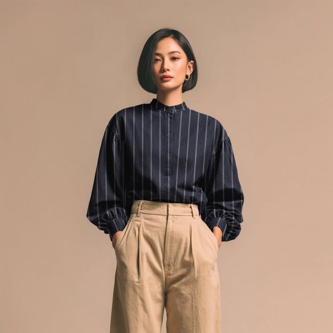 De Stoffenkamer Cotton Denim blue - Red Stripes