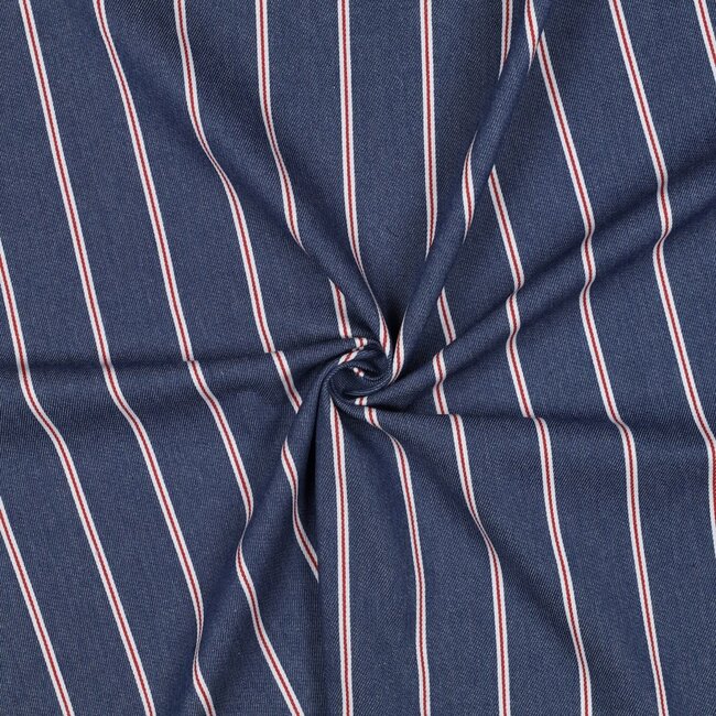 De Stoffenkamer Cotton Denim blue - Red Stripes