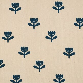 Ribbed tricot - natural flowers dark petrol