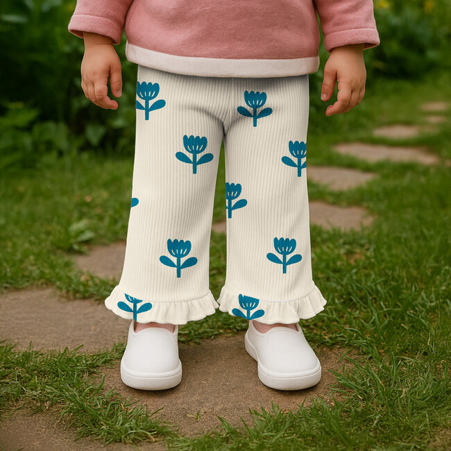 Ribbed tricot - natural flowers dark petrol