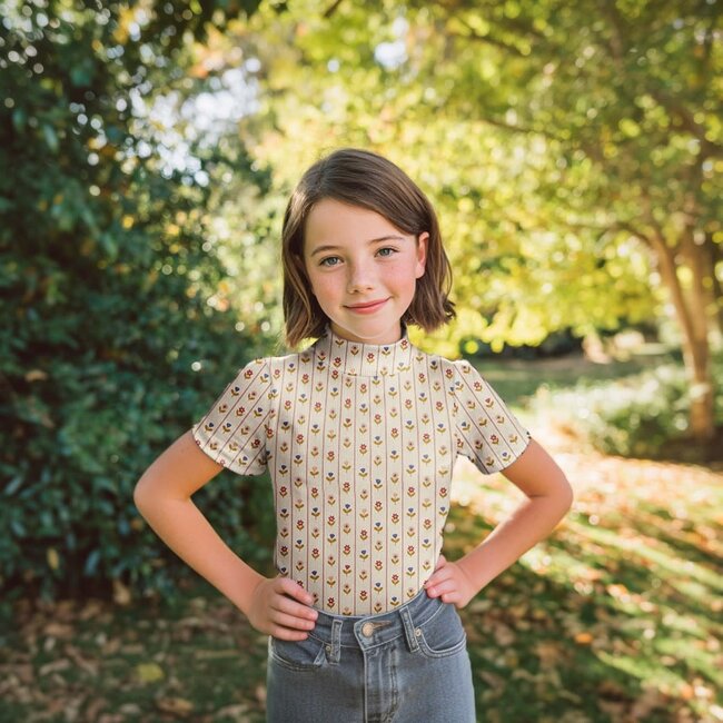 Ribbed tricot - natural striped flowers