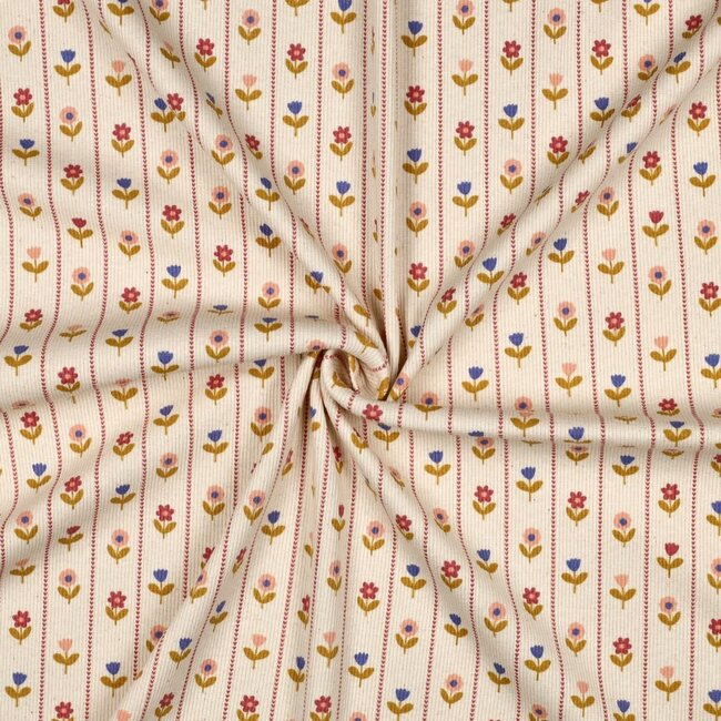 Ribbed tricot - natural striped flowers