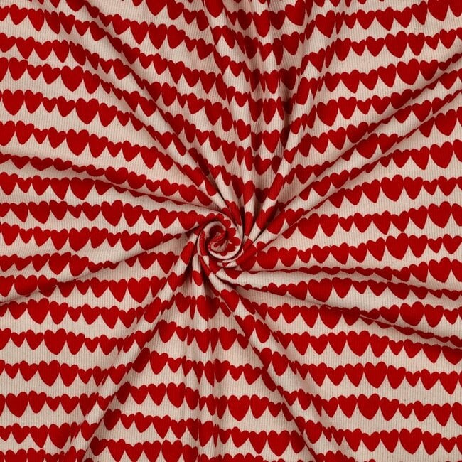 Ribbed tricot - natural red love hearts
