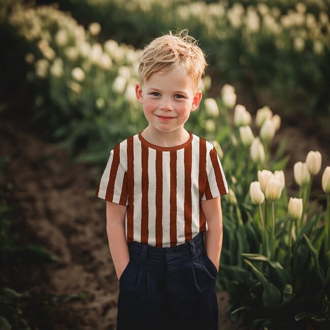 Ribbed tricot - natural vertical stripes rusty brown