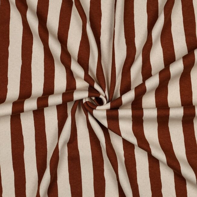 Ribbed tricot - natural vertical stripes rusty brown