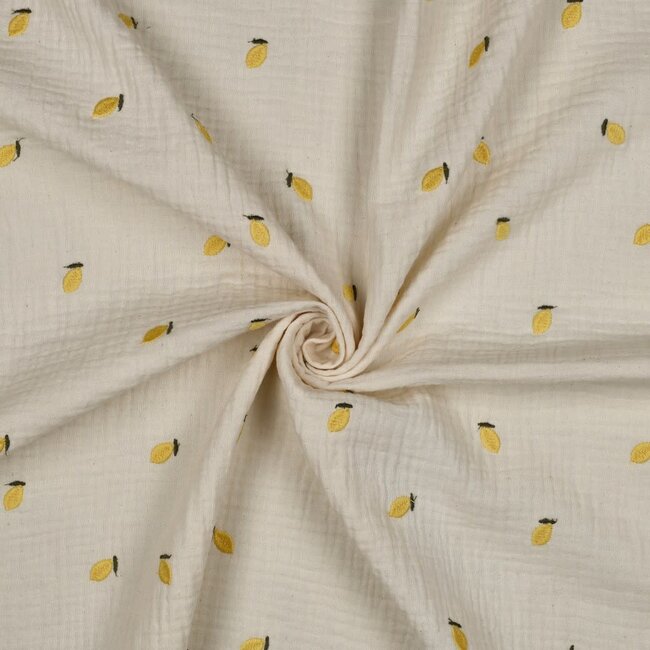 De Stoffenkamer Double Gauze cotton Tetra - embroidery natural lemon