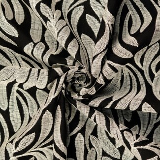 De Stoffenkamer Heavy Broderie linen mix black leafs scallop