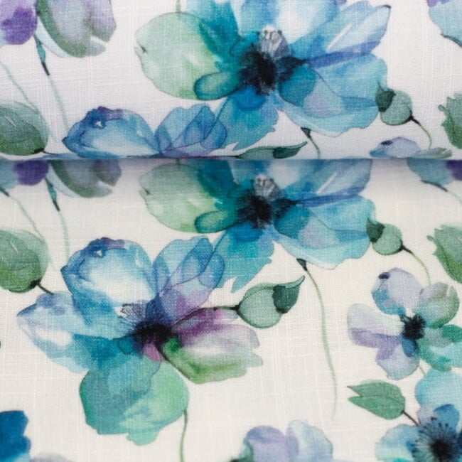 Double Gauze cotton linen touch -  flowers blue