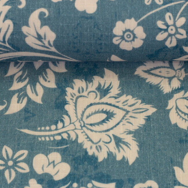 Gauze cotton linen look - washed aqua flowers