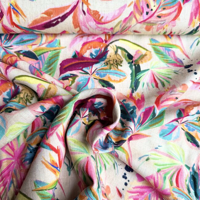 De Stoffenkamer Linen Mix naturel bright painting jungle