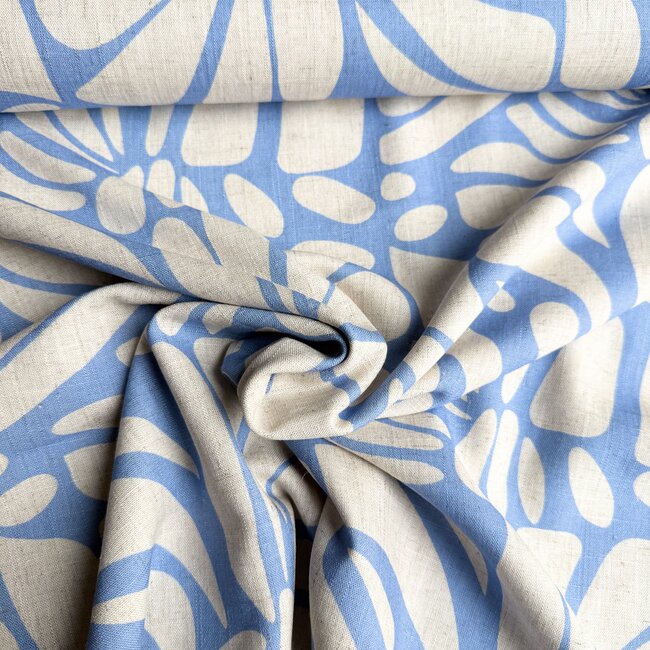 De Stoffenkamer Linen Mix naturel graphic shapes light blue