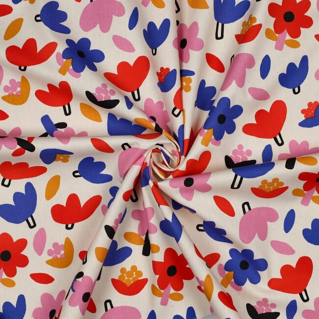 De Stoffenkamer Cotton Poplin flowers natural blue