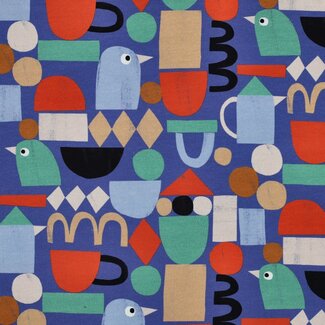 French Terry - graphic birds & shapes blue