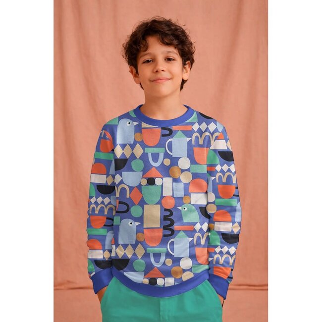French Terry - graphic birds & shapes blue