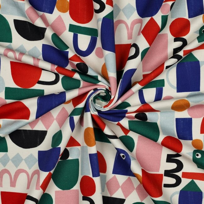 French Terry - graphic birds & shapes natural