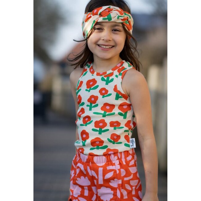 Ribbed tricot - flowers natural orange