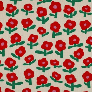 Ribbed tricot - flowers natural orange