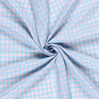 Seersucker Cotton mix - checks soft blue/pink