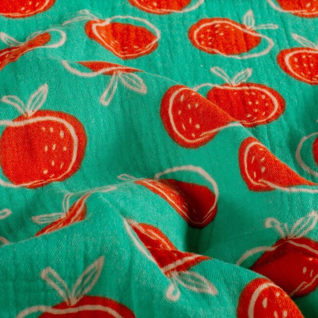 De Stoffenkamer Double Gauze cotton Tetra - apples turquoise groen