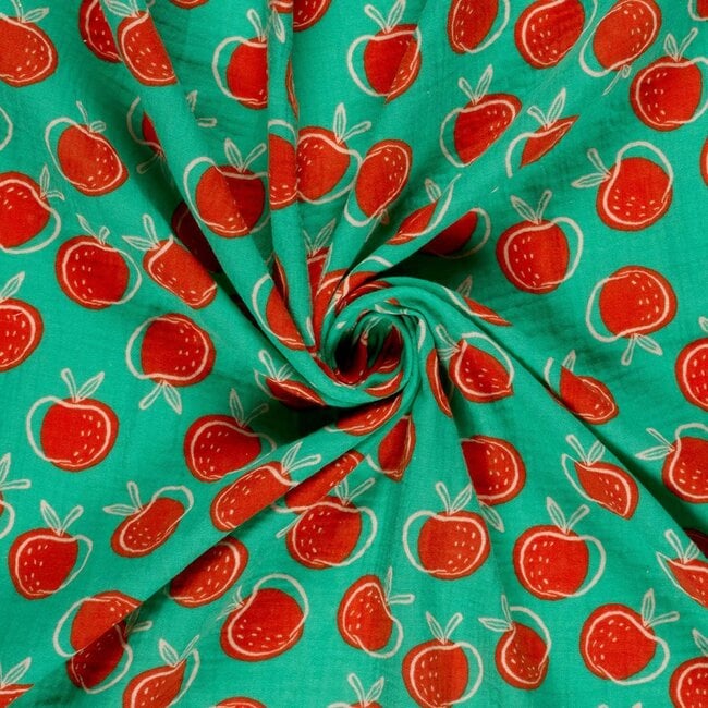 De Stoffenkamer Double Gauze cotton Tetra - apples turquoise groen