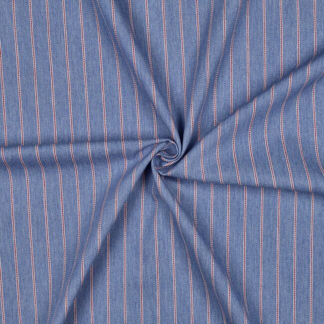De Stoffenkamer Cotton Denim light blue - Red Stripes