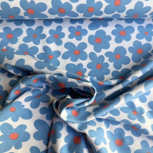 De Stoffenkamer Tricot blue flowers neon