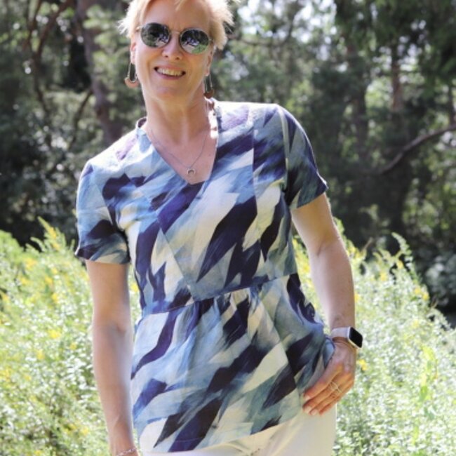 Cotton linen blend  -  blue strokes