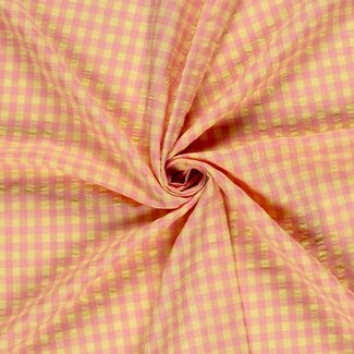 Seersucker Cotton mix - checks pink / butter