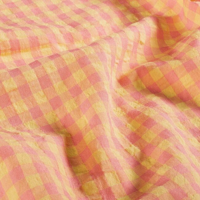 Seersucker Cotton mix - checks pink / butter