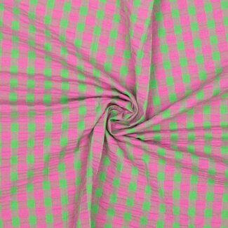 Seersucker Cotton - checks raspberry / green