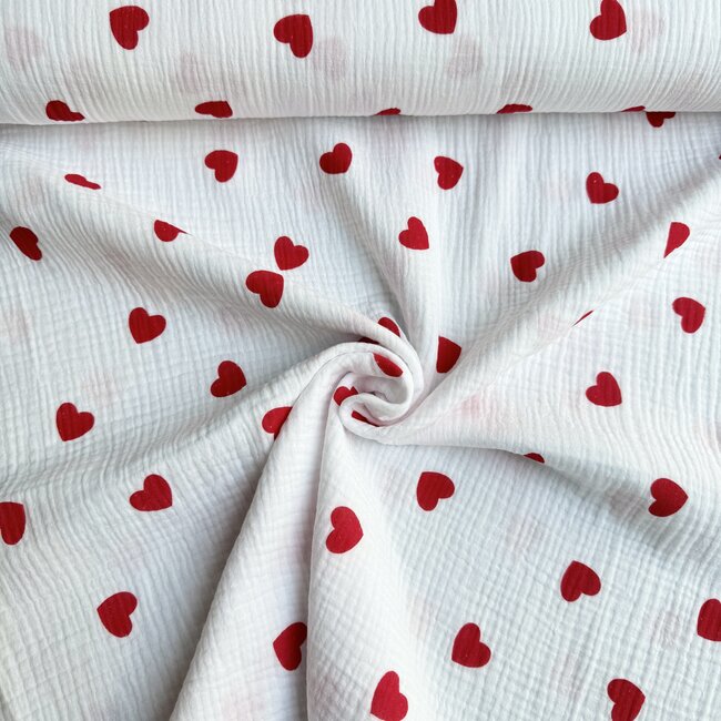 De Stoffenkamer Double gauze tetra - ecru red hearts large